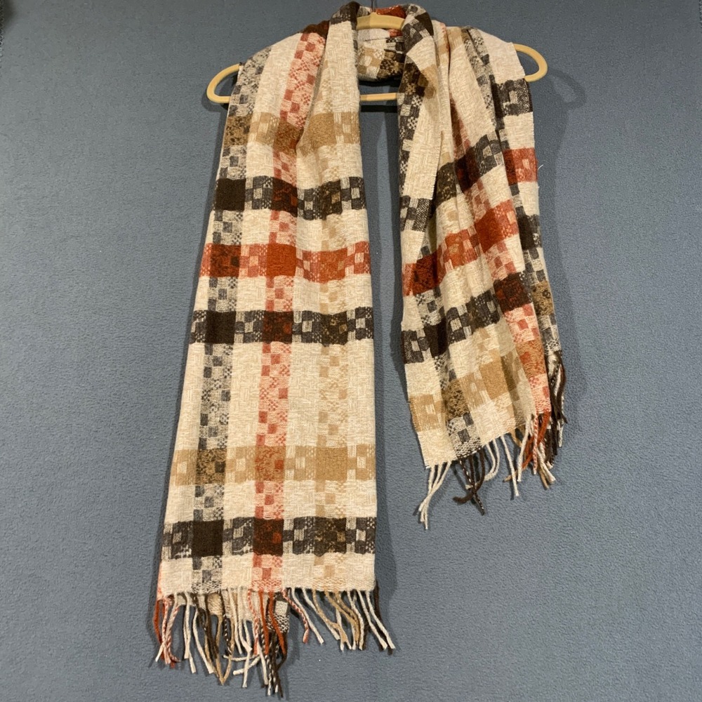 Unbranded Plaid Scarf Womens OS Cream Brown Orange Fringed Knit Autumn Wrap
